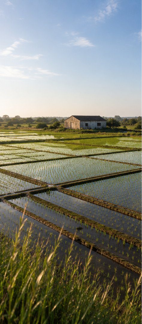 Rizière camarguaise en eau, parcelles bordées de digues