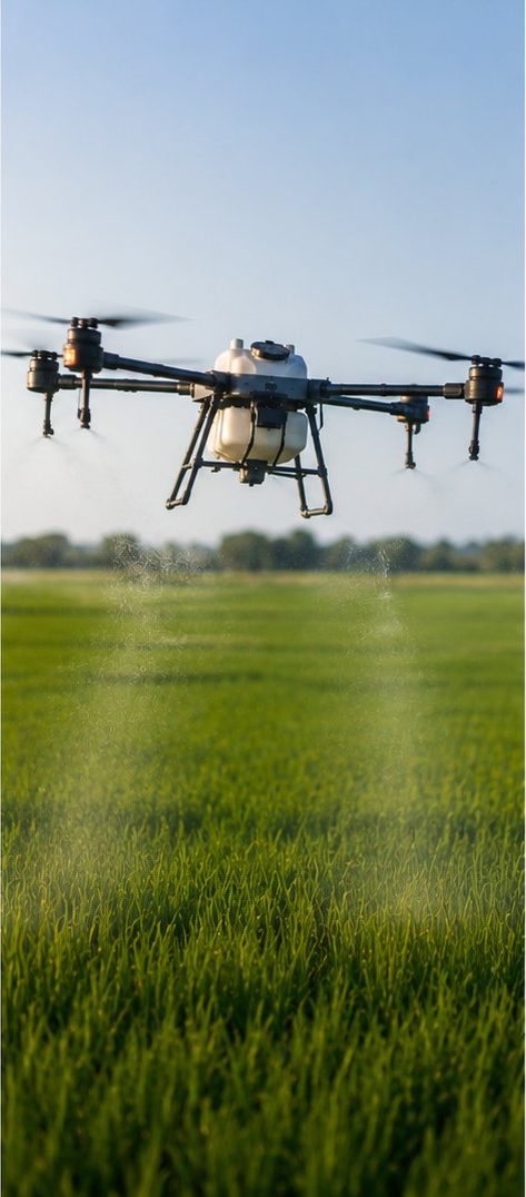 Drone agricole DJI Agras en pulvérisation au-dessus d'une rizière